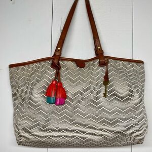 FOSSIL RACHEL Woven Cream And Black W/ Brown Leather Trim Tote Bag, Tassel & Key